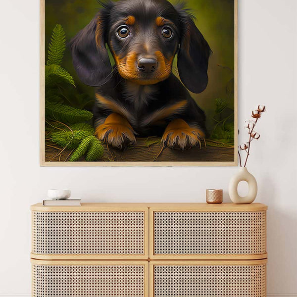 Dachshund Diamond Painting Kit hung above a wooden dresser, perfect for Paint by Numbers enthusiasts.