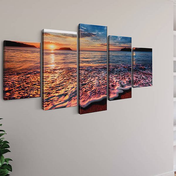 Malen nach Zahlen 5 teilig - Sonnenuntergang über dem Meer, Sanfter Wellengang - hochwertige Leinwand - multi5, neue_bilder