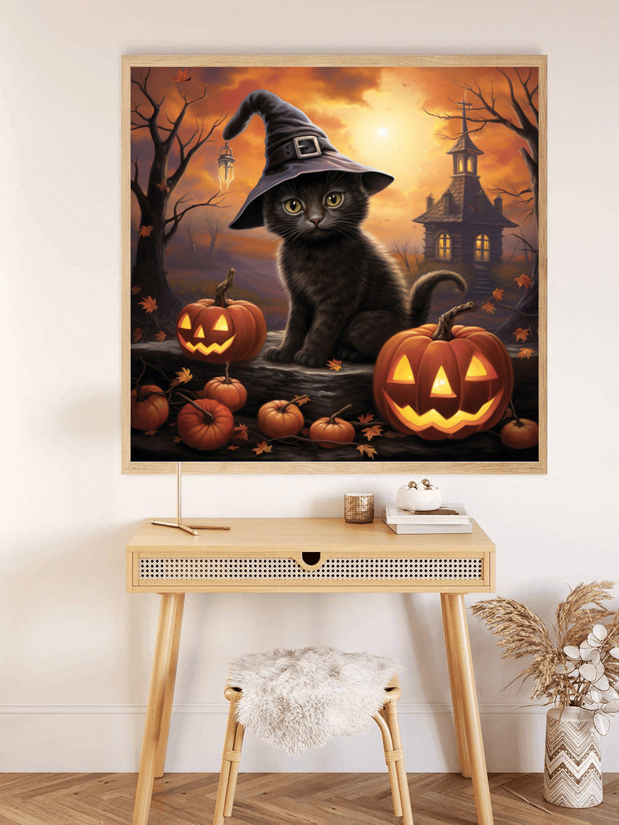 Halloween-themed Paint by Numbers kit featuring a cute black kitten wearing a witch hat among carved pumpkins and a spooky backdrop.