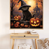 Halloween-themed Paint by Numbers kit featuring a cute black kitten wearing a witch hat among carved pumpkins and a spooky backdrop.