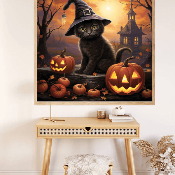 Halloween-themed Paint by Numbers kit featuring a cute black kitten wearing a witch hat among carved pumpkins and a spooky backdrop.