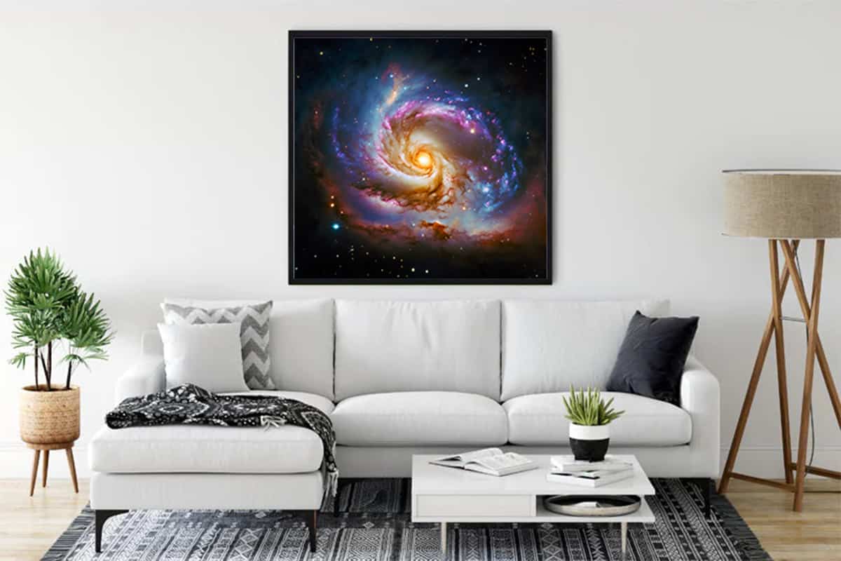 Galaxy-themed diamond painting displayed in a modern living room with a white sofa and decor.