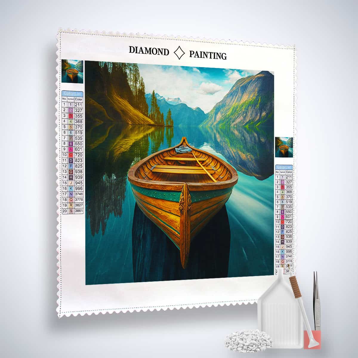 Diamond painting kit featuring a boat on a serene lake with mountains in the background, complete with canvas, acrylic diamonds, and tools.