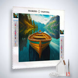Diamond painting kit featuring a boat on a serene lake with mountains in the background, complete with canvas, acrylic diamonds, and tools.