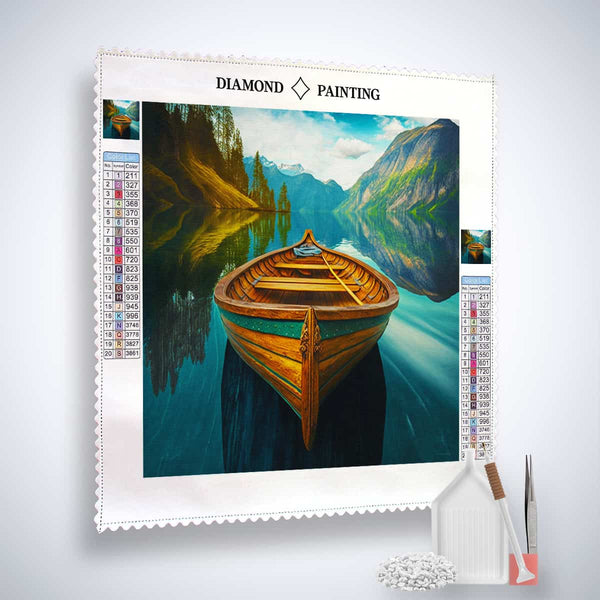 Diamond painting kit featuring a boat on a serene lake with mountains in the background, complete with canvas, acrylic diamonds, and tools.