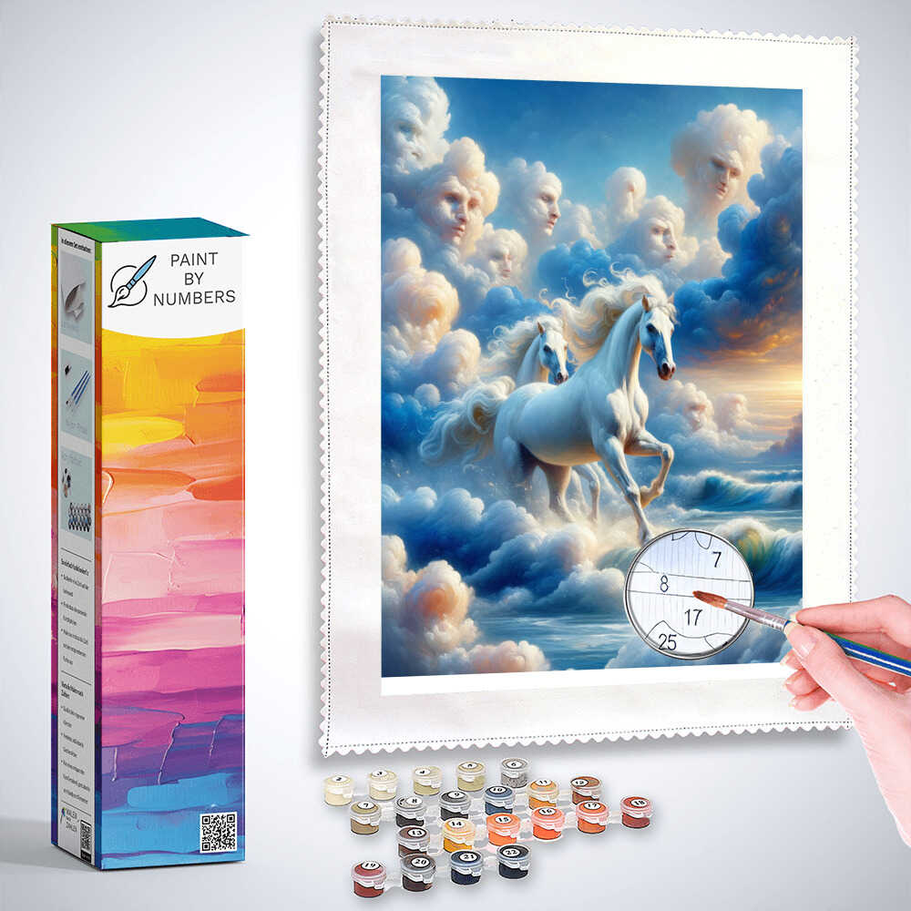 Paint by Numbers - White horses and pair of clouds