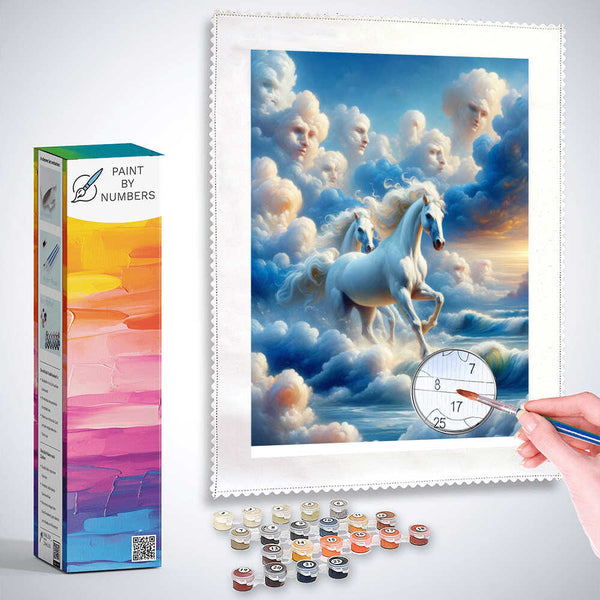 Paint by Numbers - White horses and pair of clouds