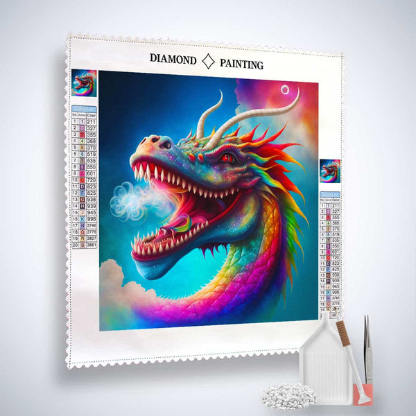 Diamond Painting - Dragon Path canvas with rainbow-colored dragon, tweezers, pen, and acrylic diamonds - Paint by Numbers kit