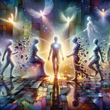 Paint by Numbers - Change of Consciousness featuring human silhouettes and vibrant cosmic colors depicting spiritual transformation.
