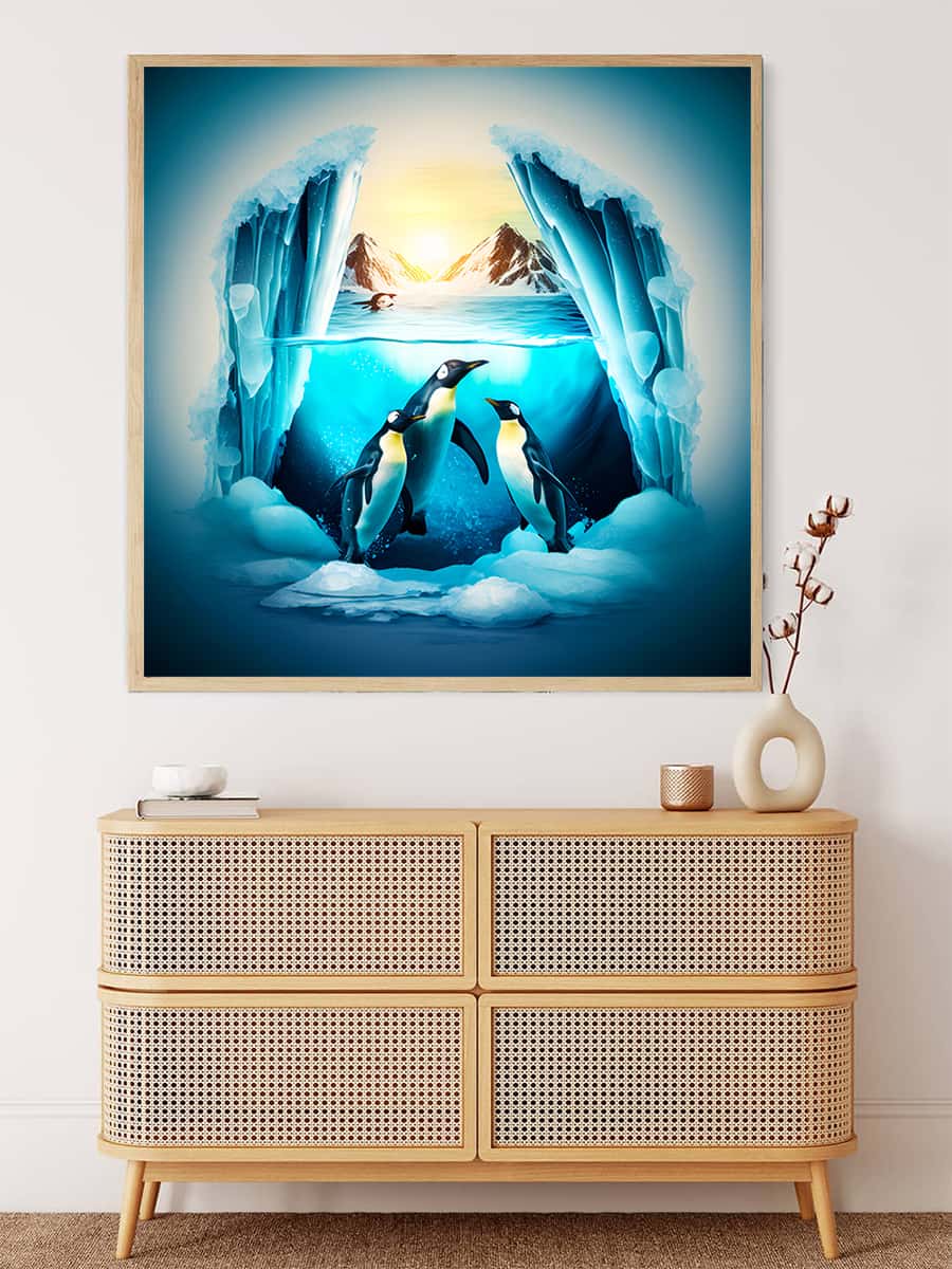 Diamond Painting of Penguins Underwater - Paint by Numbers Kit Showcasing Penguins in an Icy Landscape