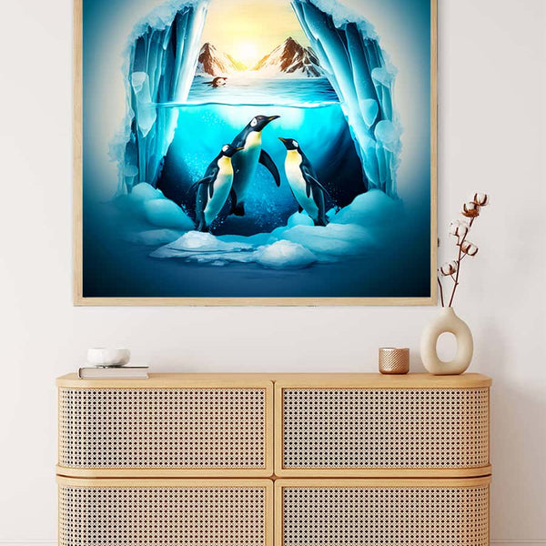 Diamond Painting of Penguins Underwater - Paint by Numbers Kit Showcasing Penguins in an Icy Landscape