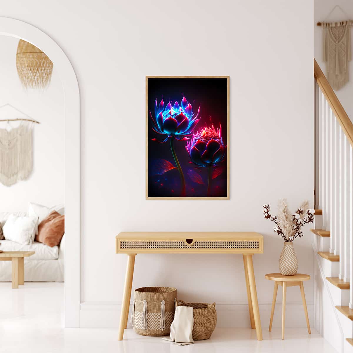Diamond Painting - Flower heads at night on canvas in modern living room with minimalistic decor. Paint by Numbers kit.