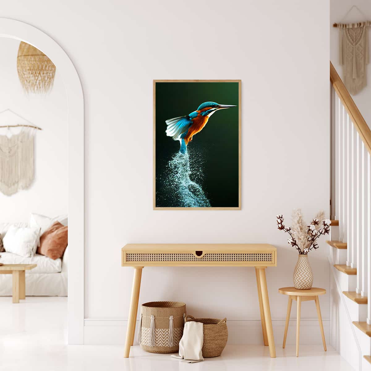 Elegant room decor featuring a framed Diamond Painting of a Kingfisher emerging from water - Paint by Numbers art.
