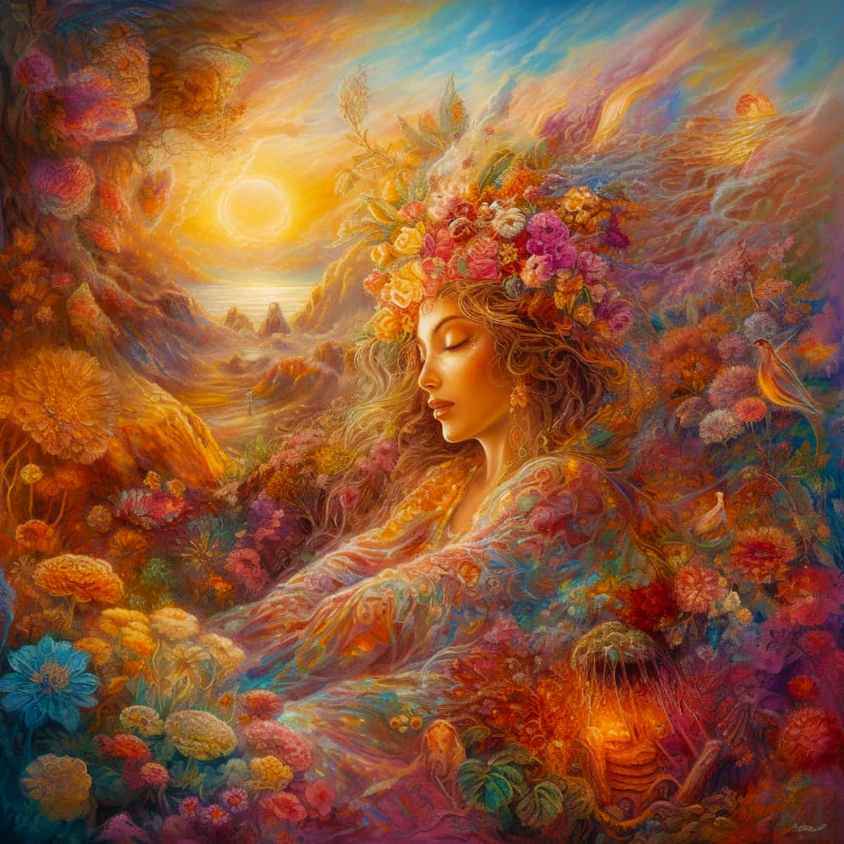Diamond Painting Kit - Miss in Nature. Paint by Numbers style with a vibrant, fantasy woman surrounded by colorful flowers and golden sunset