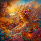 Diamond Painting Kit - Miss in Nature. Paint by Numbers style with a vibrant, fantasy woman surrounded by colorful flowers and golden sunset