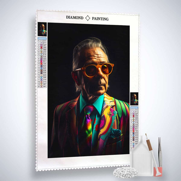 Diamond Painting kit featuring an old businessman in vibrant colors with accessories; Paint by Numbers style artwork.
