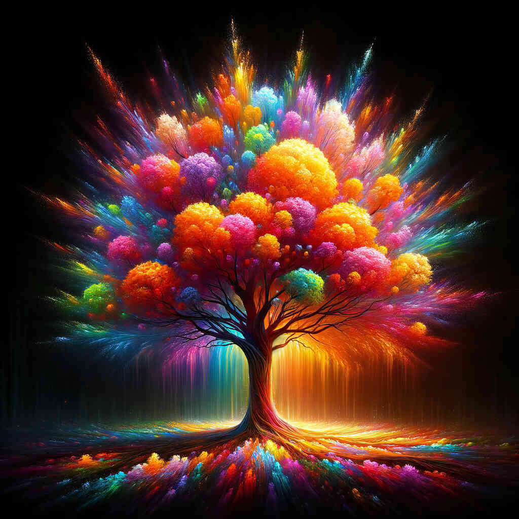 Paint by Numbers - Tree of Life of Imagination bright colorful tree representing seasons and diversity of life in expressionistic style.