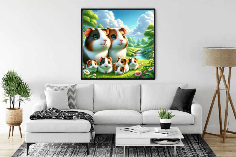 Paint by Numbers - Magic of the Meadow Friends wall art with guinea pigs and bright landscape in a modern living room.