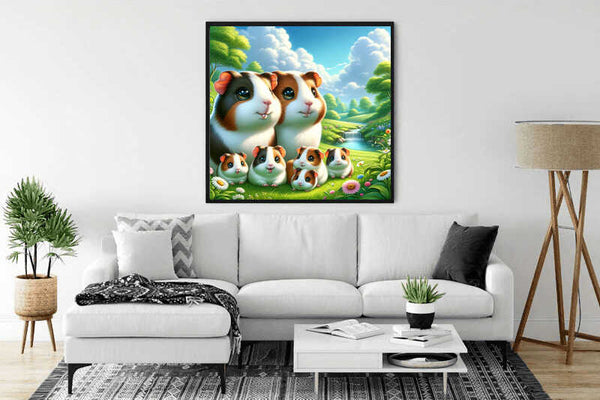 Paint by Numbers - Magic of the Meadow Friends wall art with guinea pigs and bright landscape in a modern living room.