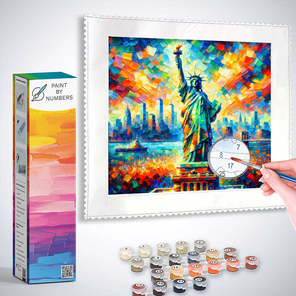 Paint by Numbers kit featuring the Statue of Liberty against a colorful New York skyline in vibrant cubist style.