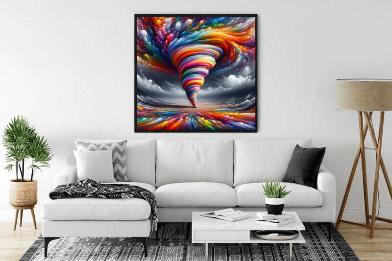 Paint by Numbers - Color Swirls of Passion artwork in modern living room showcasing vibrant reds, blues, yellows, and purples spiraling.