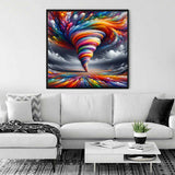 Paint by Numbers - Color Swirls of Passion artwork in modern living room showcasing vibrant reds, blues, yellows, and purples spiraling.