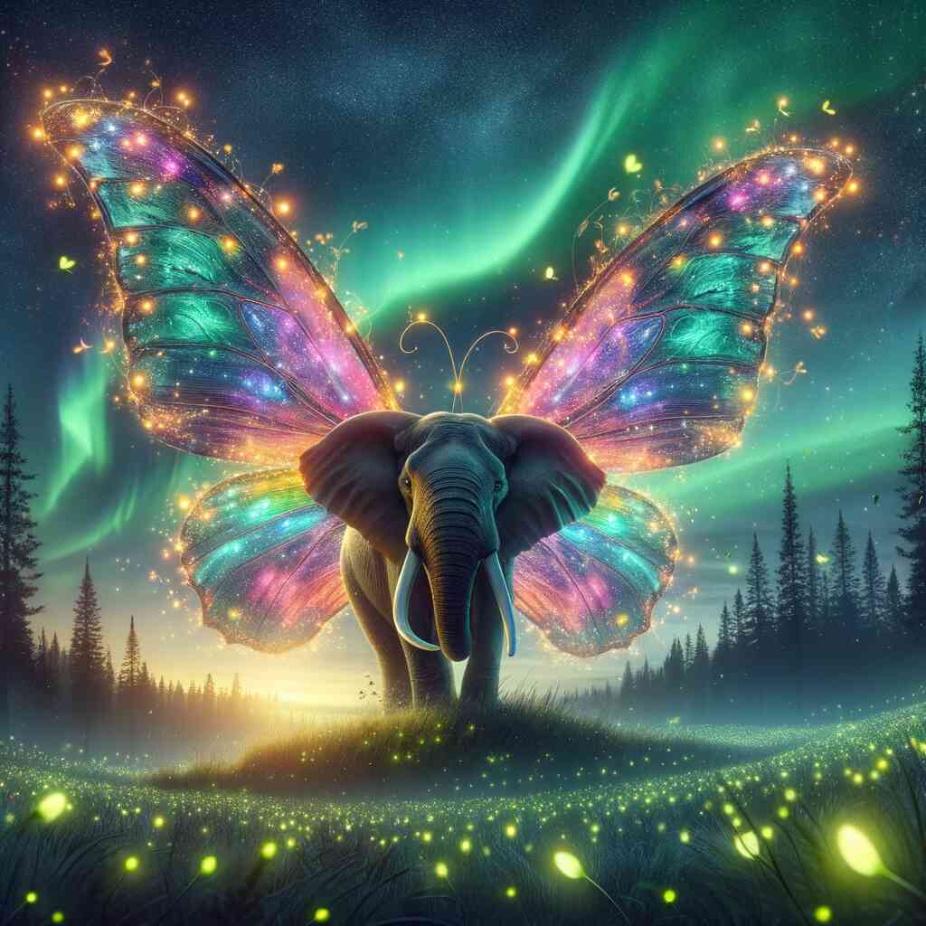 Paint by Numbers - Elephant with iridescent butterfly wings in a mystical green forest under a starry sky with fireflies.