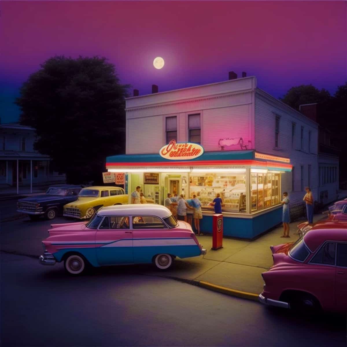 Vintage gas station at dusk with classic cars and people, under a full moon, showcasing a nostalgic time travel scene.