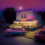 Vintage gas station at dusk with classic cars and people, under a full moon, showcasing a nostalgic time travel scene.
