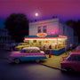 Vintage gas station at dusk with classic cars and people, under a full moon, showcasing a nostalgic time travel scene.