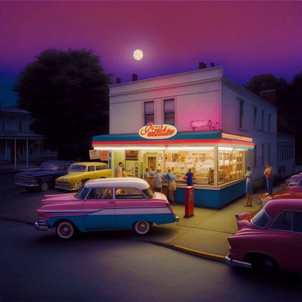 Vintage gas station at dusk with classic cars and people, under a full moon, showcasing a nostalgic time travel scene.