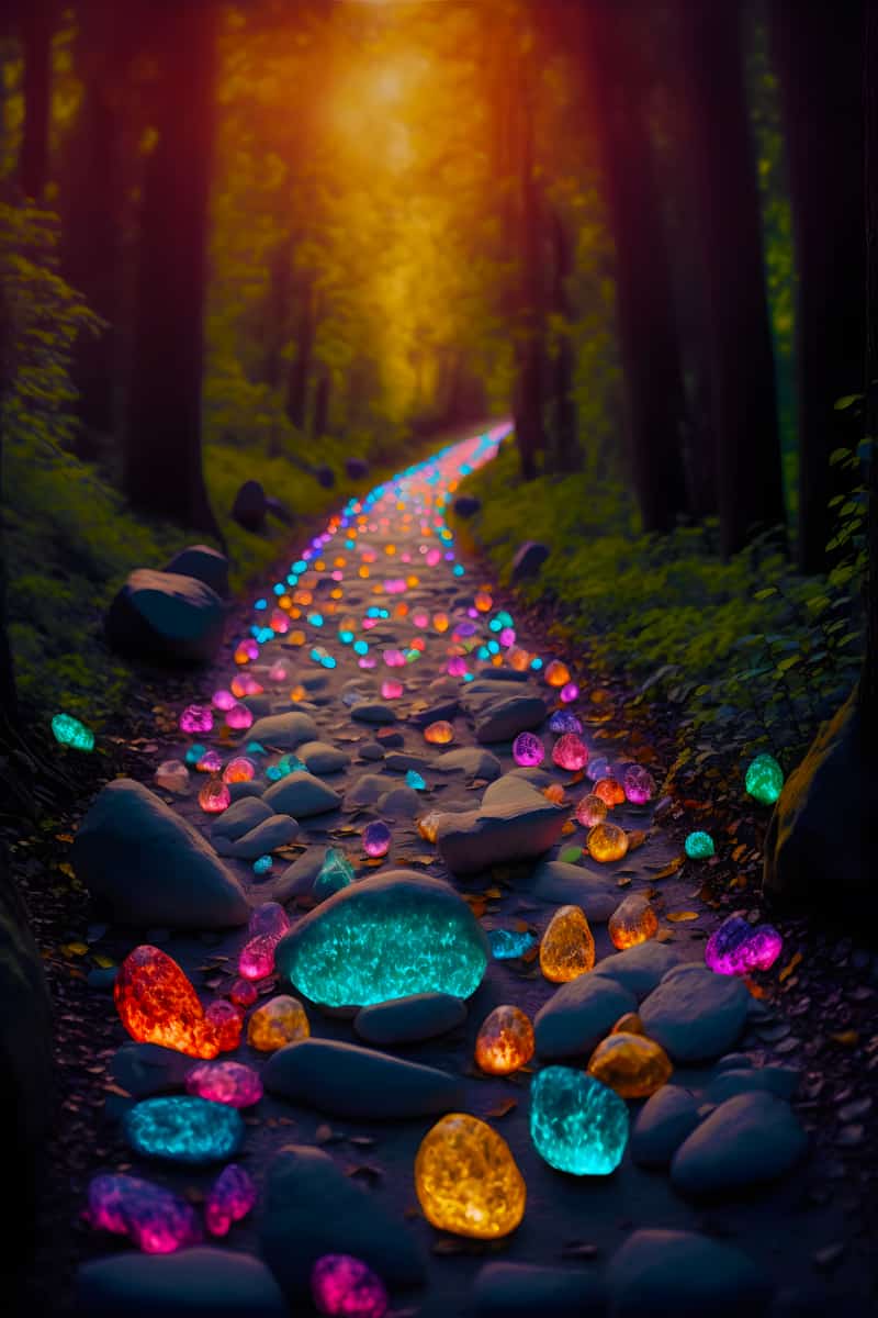 Pathway adorned with luminous, colorful stones glowing in a forest at twilight, representing a diamond painting kit.