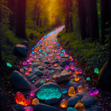 Pathway adorned with luminous, colorful stones glowing in a forest at twilight, representing a diamond painting kit.