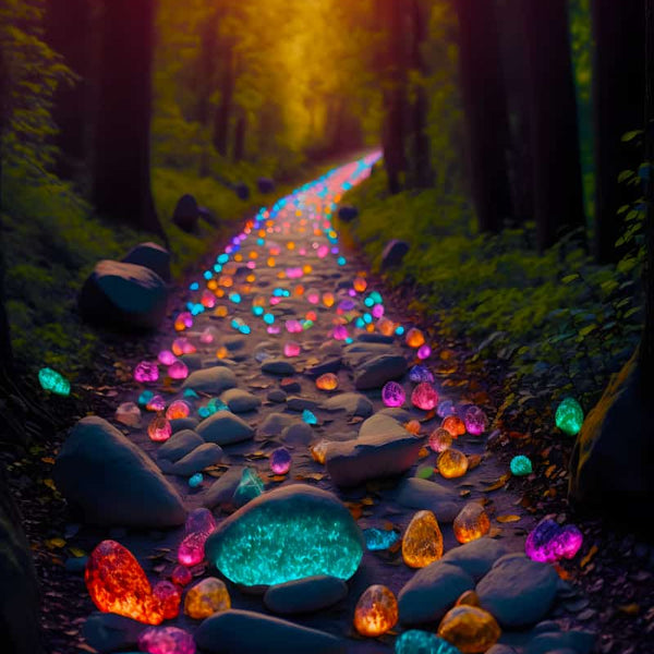 Pathway adorned with luminous, colorful stones glowing in a forest at twilight, representing a diamond painting kit.