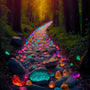 Pathway adorned with luminous, colorful stones glowing in a forest at twilight, representing a diamond painting kit.