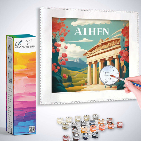 Paint by Numbers kit featuring a scene of ancient architecture with pastel-colored columns, pink flowers, and rolling hills.