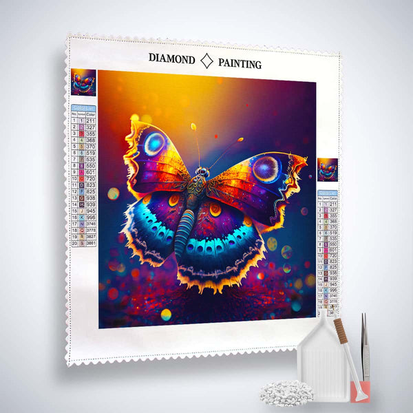 AB Diamond Painting Butterfly in sunlight kit with canvas, acrylic diamonds, tweezers, and pen. Paint by Numbers art that sparkles.
