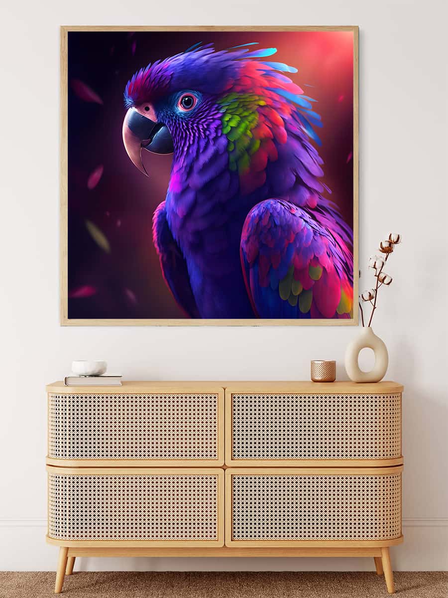 AB Diamond Painting - Papagai Purple, Paint by Numbers kit featuring vibrant parrot artwork with sparkling acrylic diamonds.