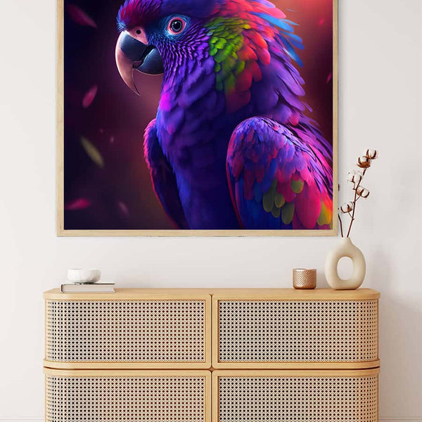 AB Diamond Painting - Papagai Purple, Paint by Numbers kit featuring vibrant parrot artwork with sparkling acrylic diamonds.