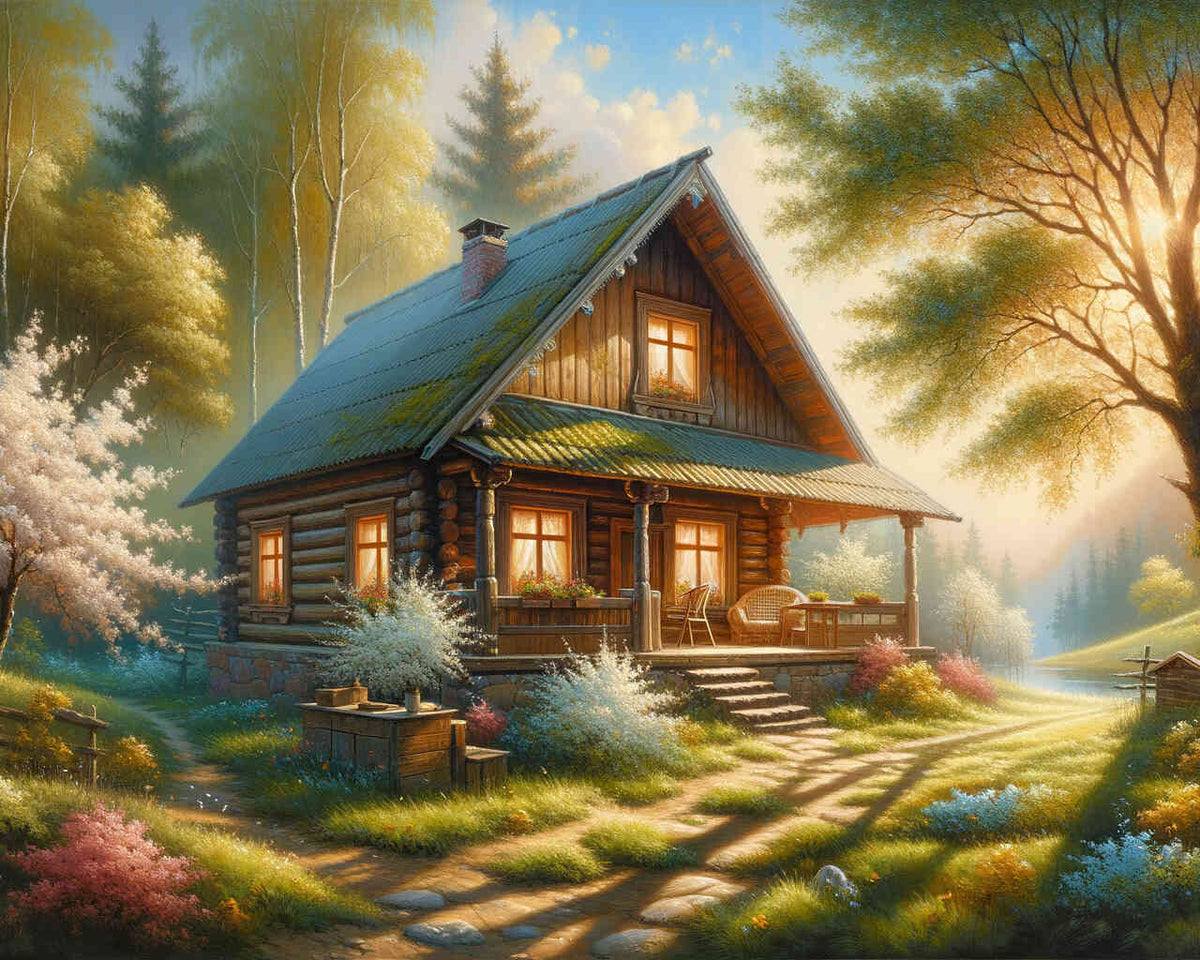 Cottage with trees - Paint by Numbers