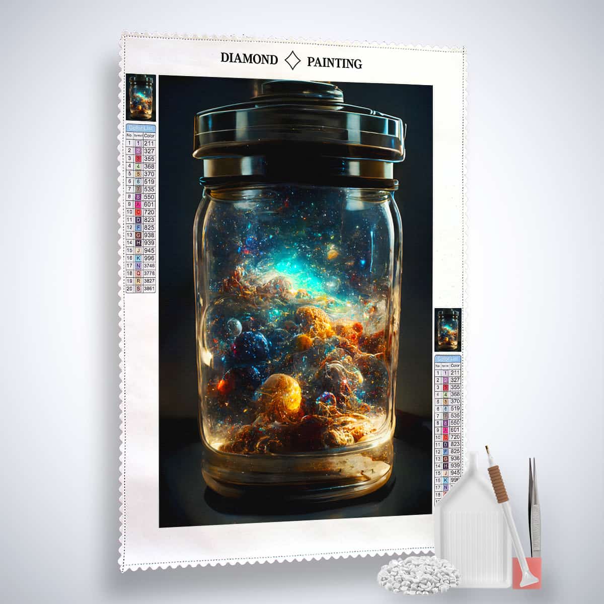 AB Diamond Painting Kit - Space in Glass with Canvas, Acrylic Diamonds, Paint by Numbers Application Pen, and Tweezers.