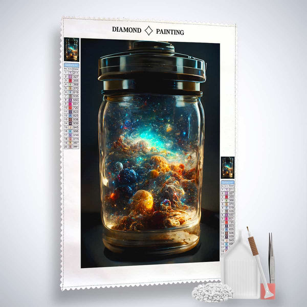 AB Diamond Painting Kit - Space in Glass with Canvas, Acrylic Diamonds, Paint by Numbers Application Pen, and Tweezers.