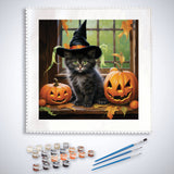Paint by Numbers kit featuring a witch kitten at a window with pumpkins, perfect for Halloween-themed painting projects.