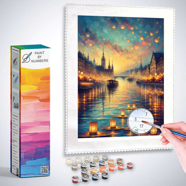 City by the river, lantern light - Paint by Numbers