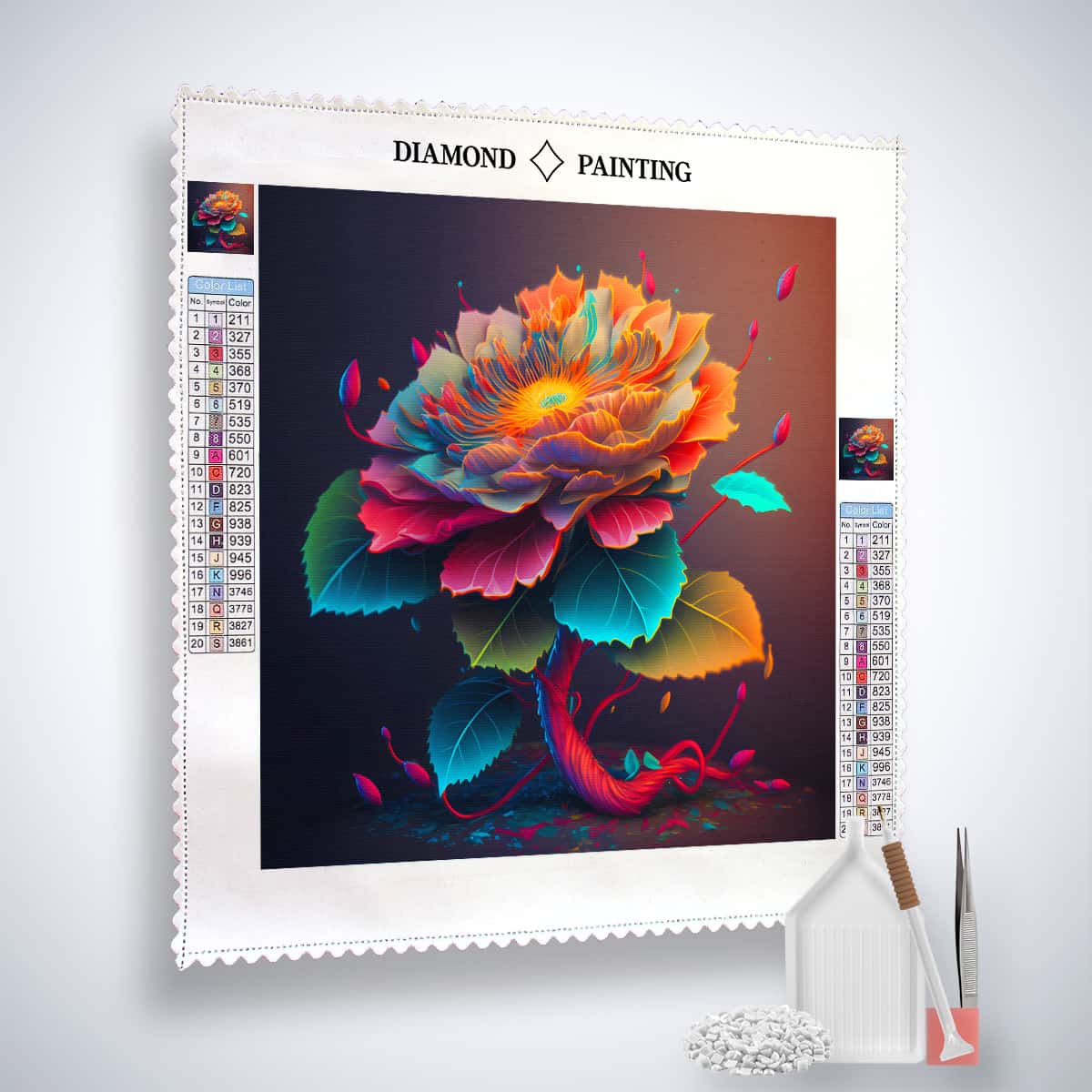 Diamond Painting Kit - Sunshine Flower design with paint by numbers canvas, acrylic diamonds, tweezers, and application pen.