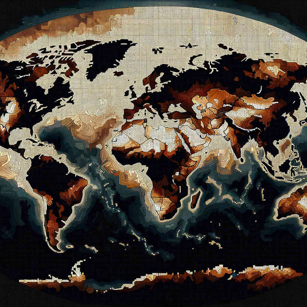 Paint by Numbers - World map in brown on black