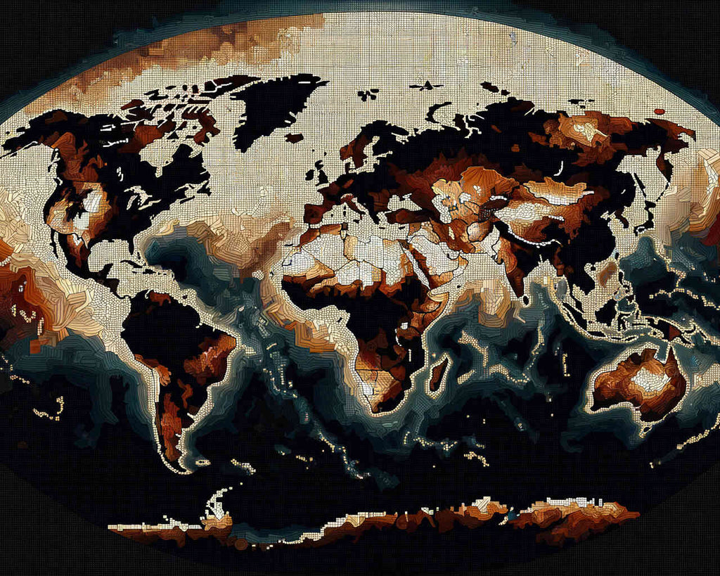 Paint by Numbers - World map in brown on black