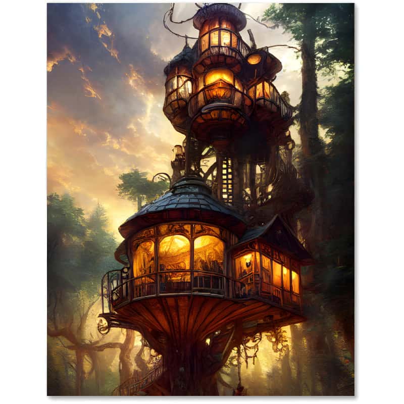 Diamond Painting - Forest Tower with intricate lights, part of a Paint by Numbers kit for creating sparkling art.
