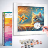 Diamond painting kit of a curious cat watching a goldfish with paint by numbers set, featuring soft orange and blue tones.