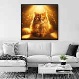 Paint by Numbers - Sun Sparks Velvet Paw wall art of a majestic cat with amber eyes and golden halo in a modern living room.